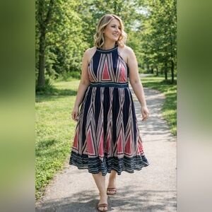 Bloomchic Maxi Dress Blue Halter Neck Geometric Double side split Size 18-20